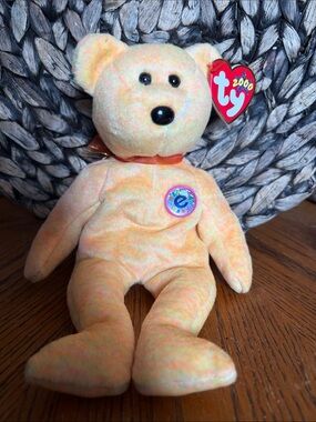 Ty Sunny Peach and Yellow Speckled Plush Bear with Heart Tag